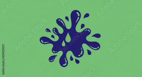 Dark blue liquid splatter on green background abstract art design element with dynamic inkblot