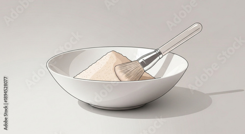 A white bowl containing a makeup brush and beige foundation powder on a clean surface