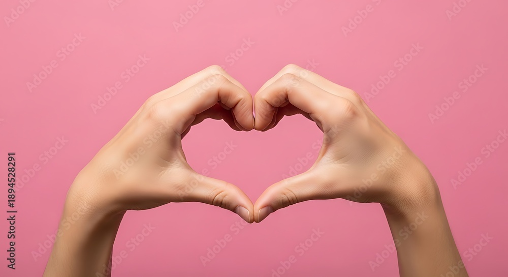Obraz premium Two hands forming heart shape with fingers on pink background love and affection gesture