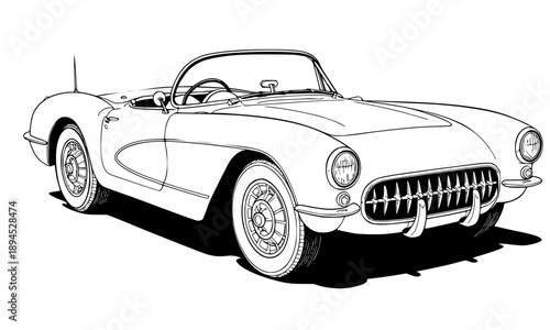 Vintage American Convertible 1950s Classic Sports Car Line Art Illustration