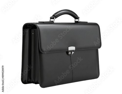 Sleek black leather briefcase with silver clasp and handle, organized compartments