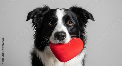 Black and white dog holding red heart shaped toy in mouth  cute animal with brown eyes and floppy ears on gray background