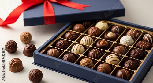 Assorted chocolates in a blue gift box with red ribbon on white surface  chocolates are brown white and tan colored with various textures and designs