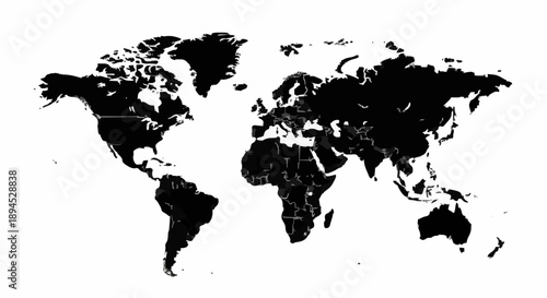Black and white world map showing continents and countries.