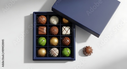 Assorted chocolates in a blue box on a white surface with one piece outside  delicious sweet treats for gift giving or indulgence