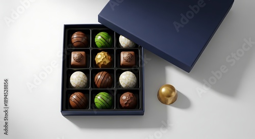 Assorted chocolates in a blue gift box on a white surface with one chocolate outside  gourmet sweets for dessert or snack