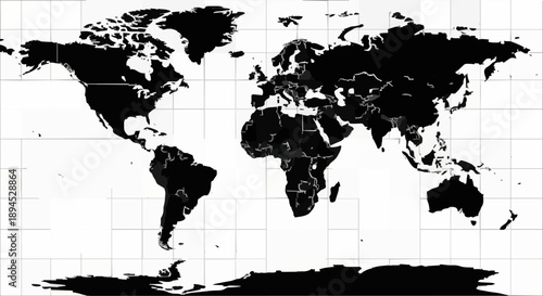 Black and white world map showing continents and countries.