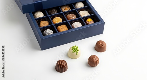 Assorted chocolates in a blue box and on a white surface sweet treats for dessert or snacking  delicious candies in various shapes and colors