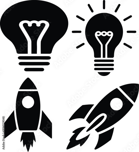 A set of black and white icons representing ideas, innovation, and propulsion through space and technology.