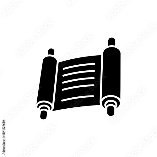 flat silhouette icon of Buddhist scripture scroll, solid black, simple minimal vector for Buddha Day (Vesak) celebrations