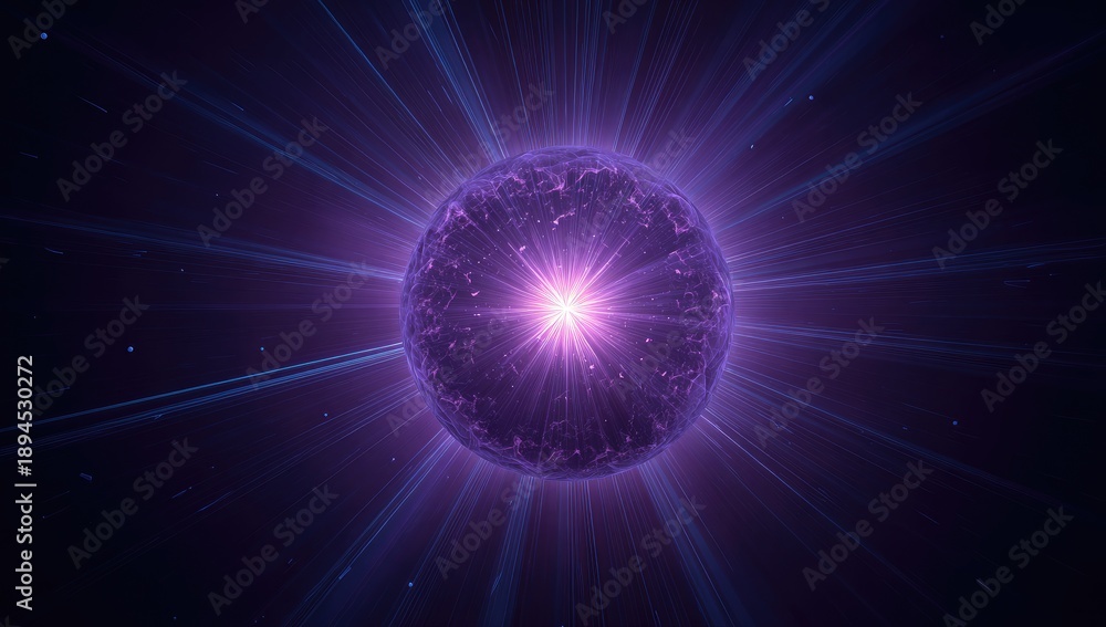 Fototapeta premium A glowing, spherical object emits bright light and energetic beams against a dark backdrop