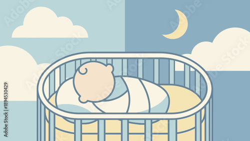 Cute Baby Sleep Scene in Baby Crib with Night and Day Background