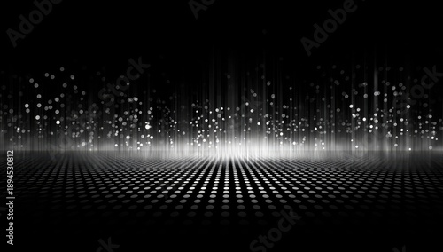 A grayscale digital illustration of light beams and dots in a dark, textured environment