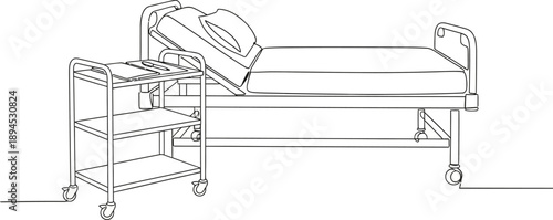 Hospital Bed and Medical Trolley Line Art Illustration
