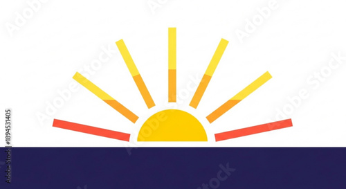 Vibrant sunrise icon with yellow orange and red rays on white and dark blue background symbolizing morning and optimism