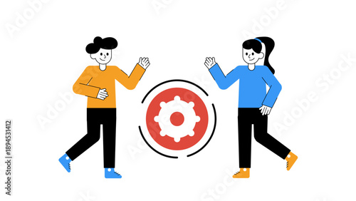Two professionals coordinating around a gear icon representing operational management and teamwork