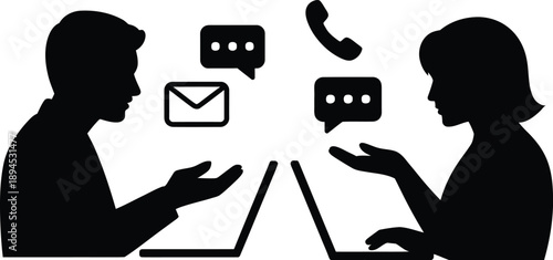 Two people communicating through speech, email and text messaging