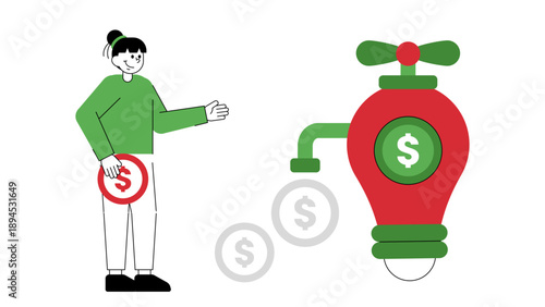 Woman harvesting coins from a creative idea faucet