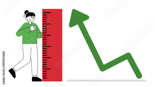 Business woman measuring growth performance with a large ruler next to a rising green arrow graph