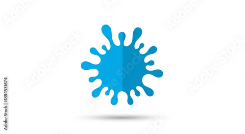Blue virus cell illustration with dynamic splashes on white background for medical and scientific concepts