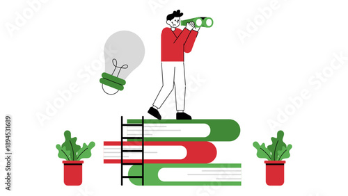 Businessman standing on a stack of books looking through a telescope for future opportunities