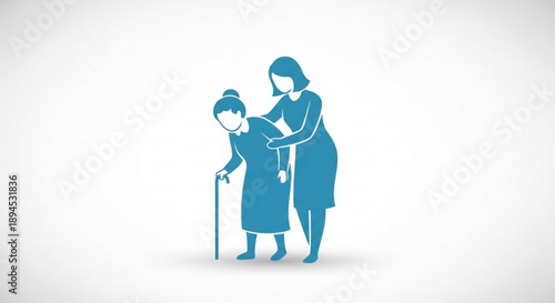 Woman assisting senior with walking cane supportive care and help for elderly person in need