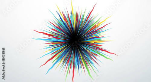Vibrant multicolored explosion of lines radiating from a black center on a white background creating a dynamic abstract graphic design element for creative projects