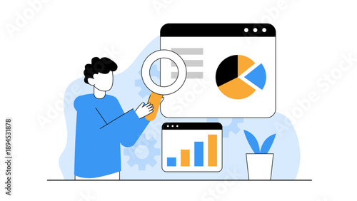 A man using a large magnifying glass to analyze data charts and pie diagrams on a web interface