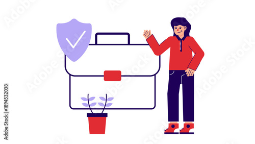 A woman standing next to a large briefcase protected by a shield icon