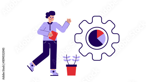 A man standing next to a large gear icon containing a colorful pie chart