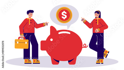 Man and woman putting dollar coins into a large red piggy bank for long term financial growth and investment