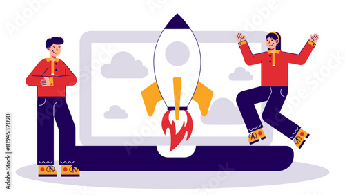 Business team launching a rocket from a laptop screen to symbolize a new project launch