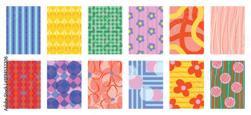 Fabric pattern collection vector set with bold stripes, polka dots, checks, plaids, vintage florals and geometric shapes. Colorful retro design for wall art, textiles, apparel and packaging.