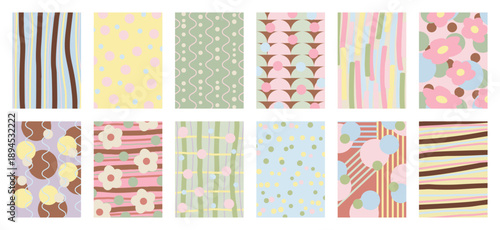 Fabric pattern collection vector set with bold stripes, polka dots, checks, plaids, vintage florals and geometric shapes. Colorful retro design for wall art, textiles, apparel and packaging.