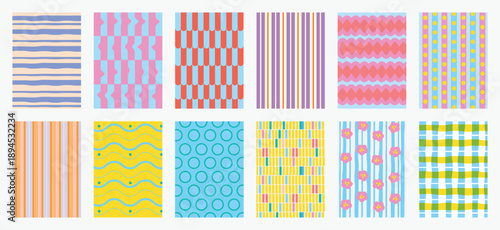 Fabric pattern collection vector set with bold stripes, polka dots, checks, plaids, vintage florals and geometric shapes. Colorful retro design for wall art, textiles, apparel and packaging.