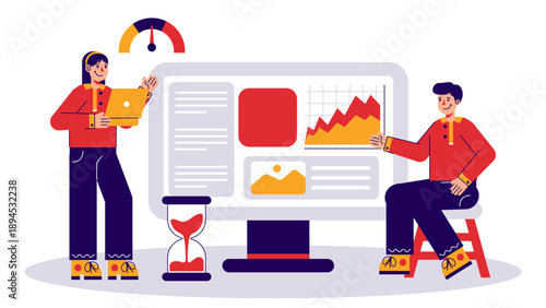 Business partners discussing performance issues and data metrics on a monitor with a countdown timer