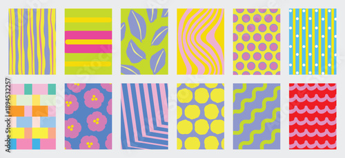 Fabric pattern collection vector set with bold stripes, polka dots, checks, plaids, vintage florals and geometric shapes. Colorful retro design for wall art, textiles, apparel and packaging.