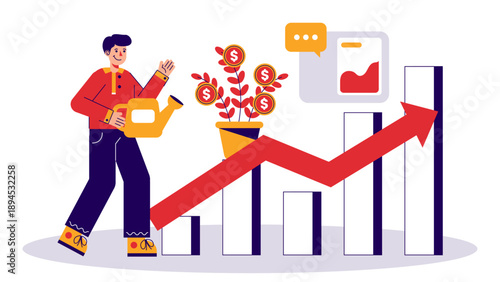 An investor watering a plant growing money coins next to a rising success bar chart