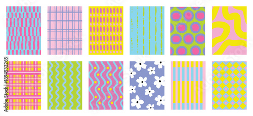 Fabric pattern collection vector set with bold stripes, polka dots, checks, plaids, vintage florals and geometric shapes. Colorful retro design for wall art, textiles, apparel and packaging.