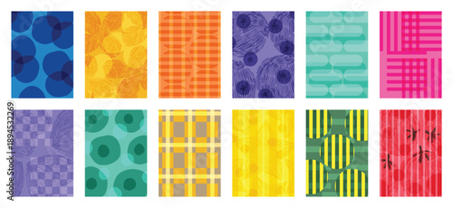 Fabric pattern collection vector set with bold stripes, polka dots, checks, plaids, vintage florals and geometric shapes. Colorful retro design for wall art, textiles, apparel and packaging.