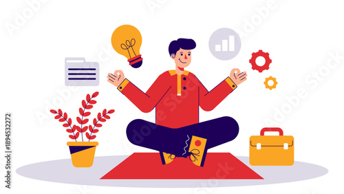 Businessman practicing meditation and mindfulness amidst work tasks to reduce stress