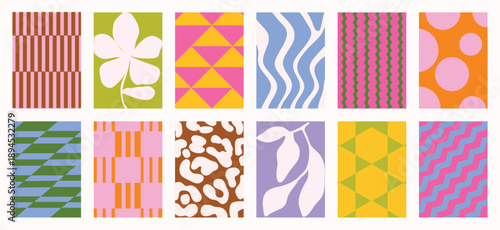 Fabric pattern collection vector set with bold stripes, polka dots, checks, plaids, vintage florals and geometric shapes. Colorful retro design for wall art, textiles, apparel and packaging.