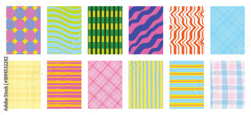 Fabric pattern collection vector set with bold stripes, polka dots, checks, plaids, vintage florals and geometric shapes. Colorful retro design for wall art, textiles, apparel and packaging.