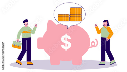 Colleagues saving coins into a giant piggy bank for long term financial planning and investment