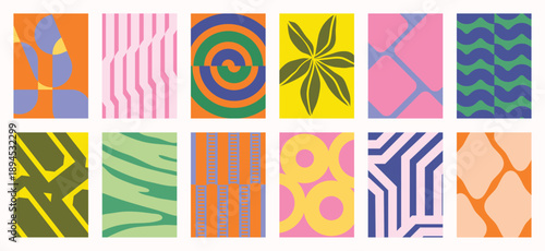 Fabric pattern collection vector set with bold stripes, polka dots, checks, plaids, vintage florals and geometric shapes. Colorful retro design for wall art, textiles, apparel and packaging.