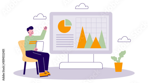 Businessman sitting and presenting a large screen with sales charts