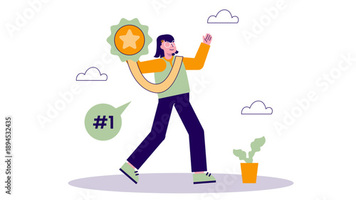 A successful businesswoman celebrating her achievement by holding a large gold star medal and award ribbon while standing near a number one speech bubble symbol
