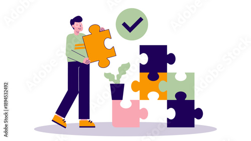 A professional man assembling large puzzle pieces to complete a task and find a perfect solution as indicated by a green check mark symbol