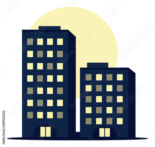 Flat design illustration of city buildings depicting illuminated windows at night for business concepts