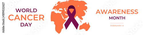 World Cancer Day 2026 web banner with orange world map and awareness ribbon
